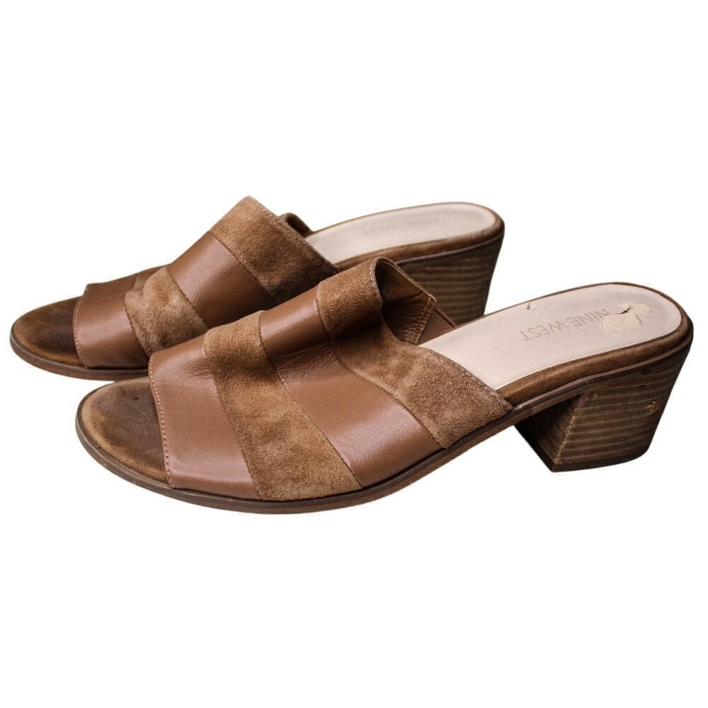 Nine West Ricasolio Sandals Open Toe Block Heel Brown Leather Suede 9M